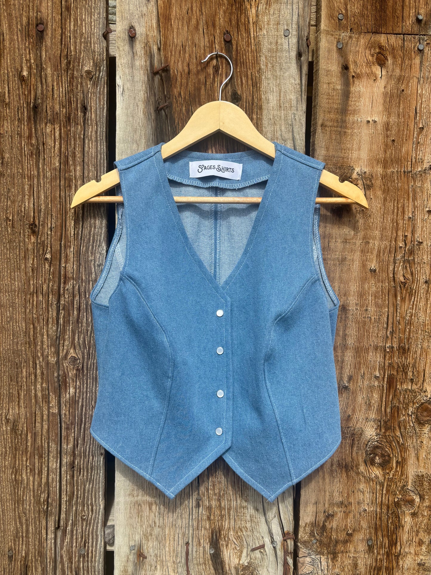 Light washed denim pearl snap vest- preorder