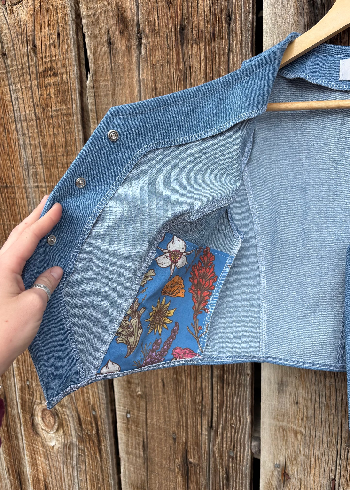 Light washed denim pearl snap vest- preorder